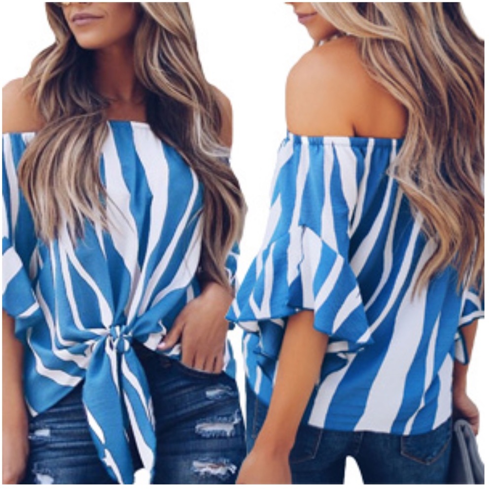 Blue and White Striped, Off the Shoulder Top